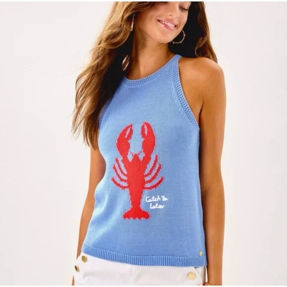 Lilly Pulitzer Sweater Tank Womens Size L Jacarda Blue Lobster Graphic Halter - Picture 1 of 7